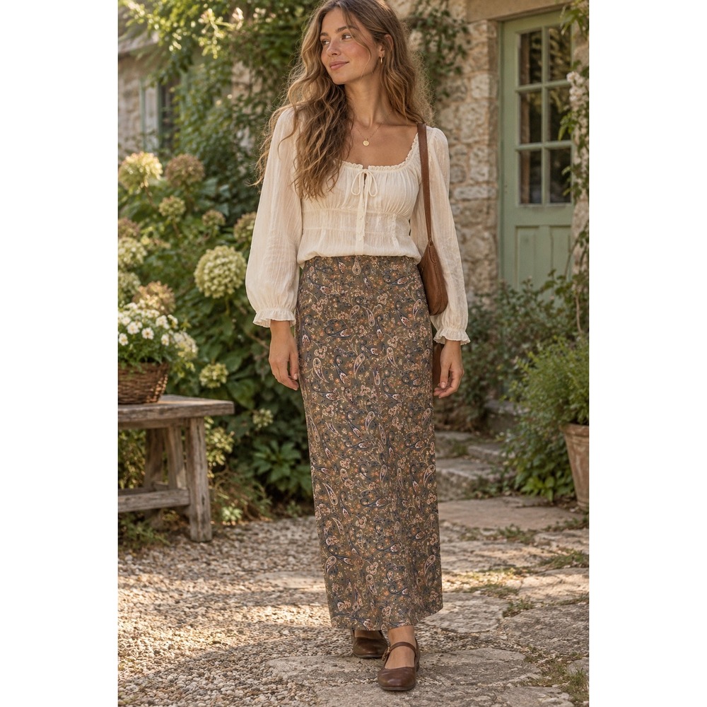 J. Jill Womens Medium Olive Green Paisley Floral Maxi Skirt Stretch Jersey Knit